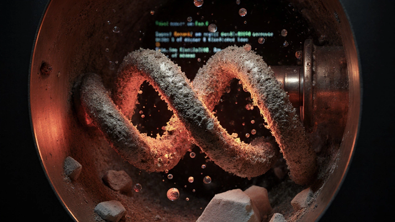 A limescale-blocked heat exchanger inside a boiler, with calcified coils and trapped water droplets.