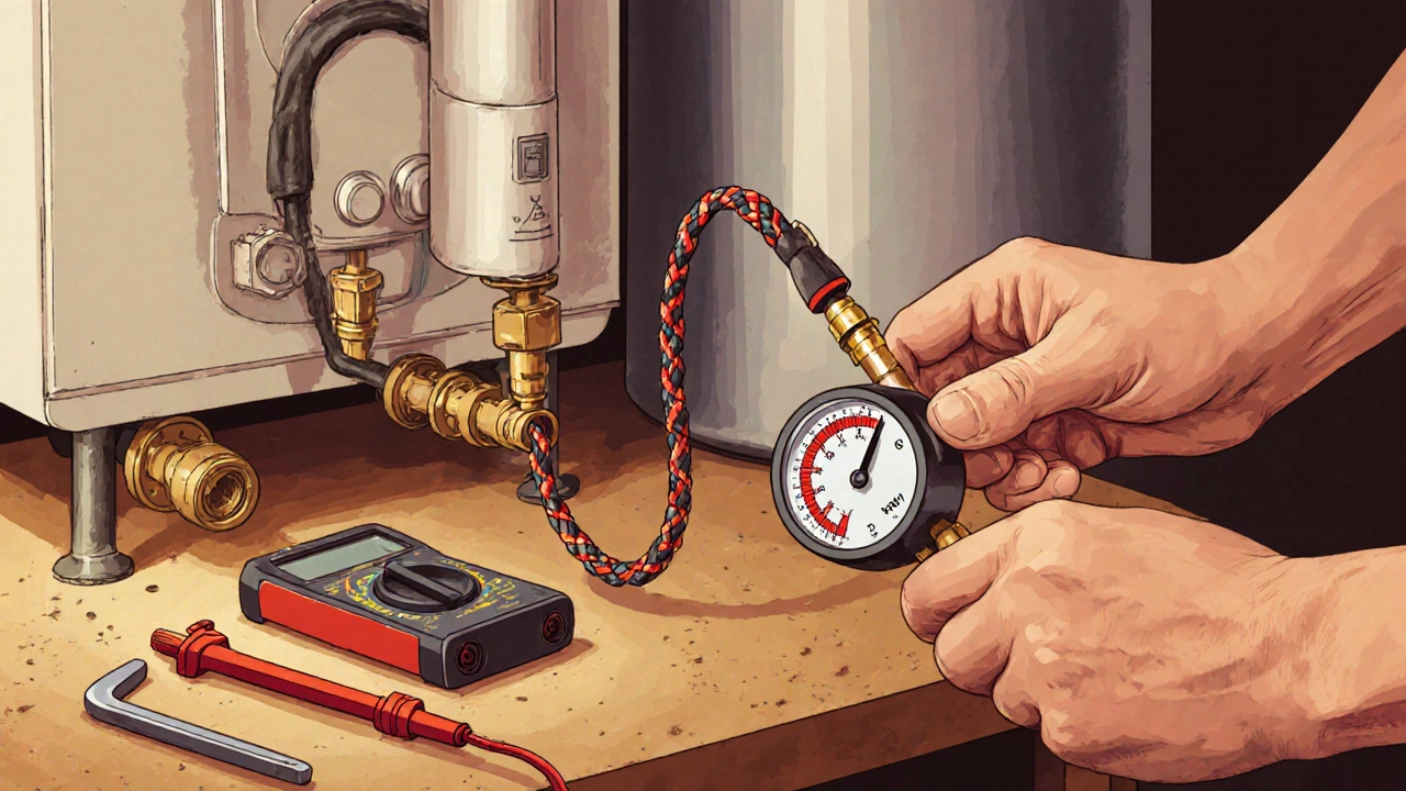 A person repressurising a boiler using a filling loop while checking the pressure gauge.