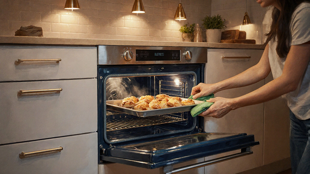 Clean oven interior with family placing pastries inside, warm kitchen lighting.