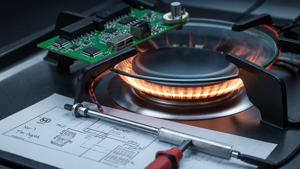 Close-up of heating element, control board, and tools inside an electric hob.