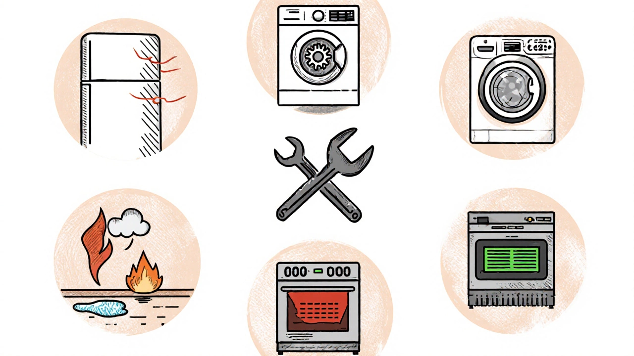 Collage showing six appliance warning signs like leaks and error codes.