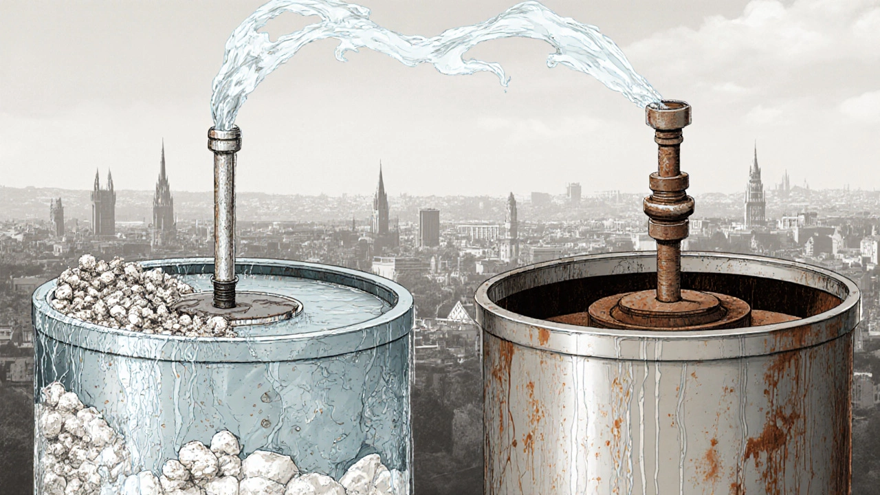 Cross-section comparison of corroded and protected water heater tanks with mineral buildup