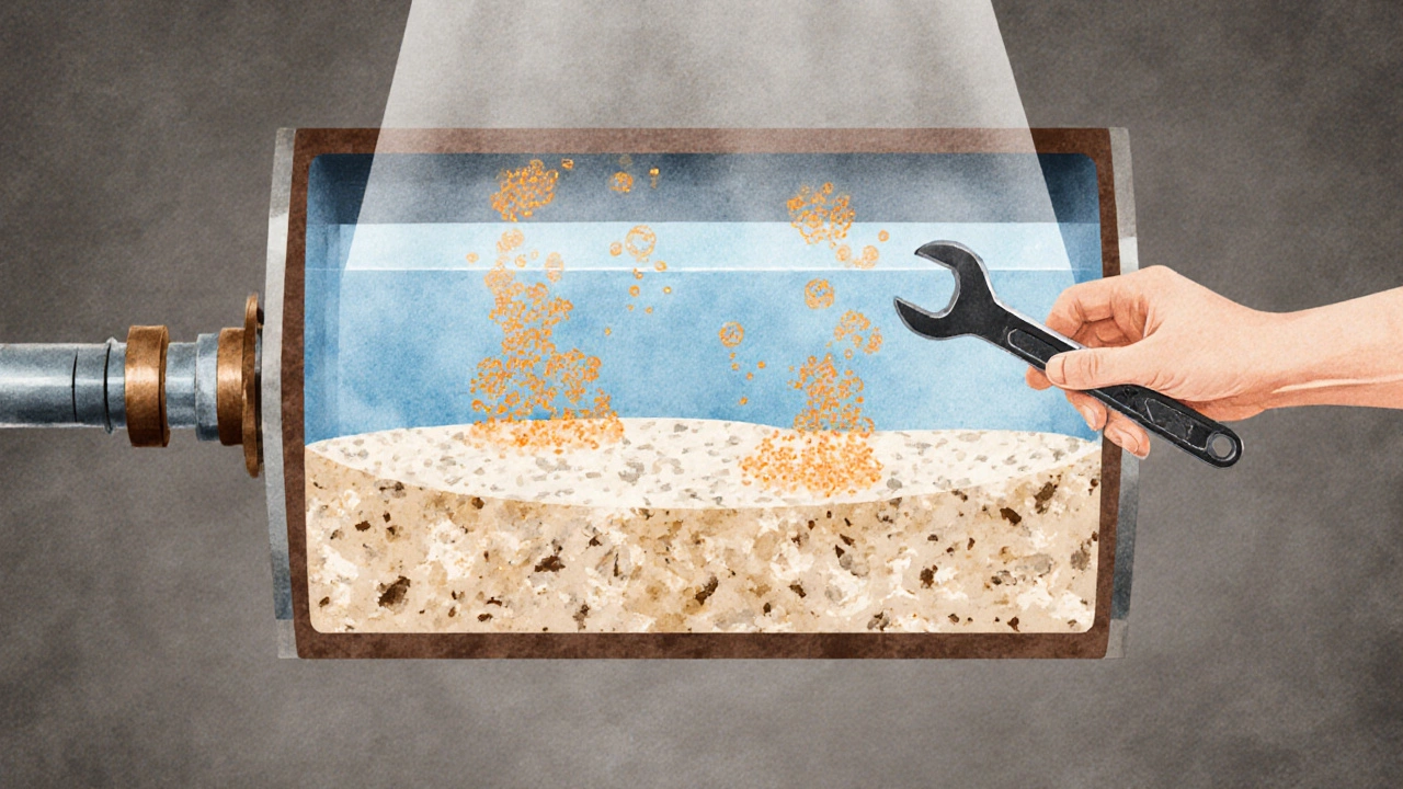Cross‑section of a water heater showing mineral sediment and popping steam bubbles.