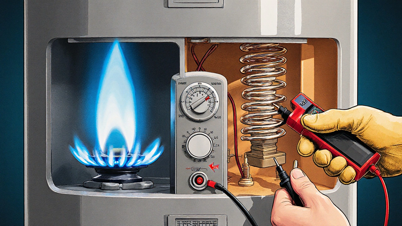 Cutaway of water heater showing thermostat, pilot flame, heating element, and a person using a multimeter.