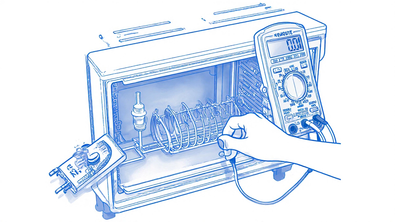 Cutaway view of oven parts with a multimeter testing components.