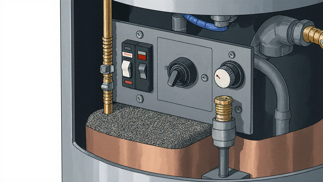 Cutaway view of water heater showing breaker, thermostat, and pressure relief valve.