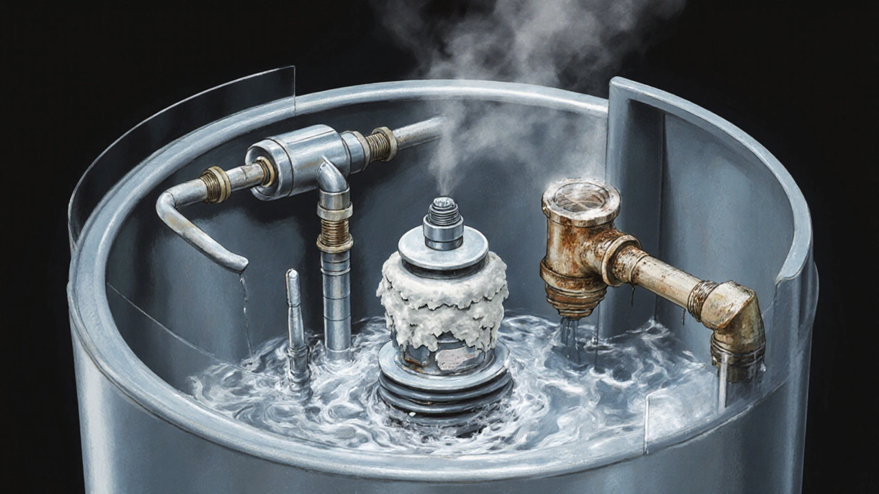 Cutaway view showing heater internals: high‑limit switch, thermostat, element, vent, and scale buildup.