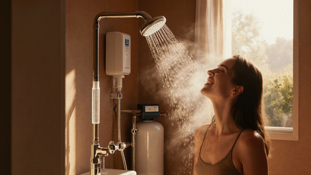 Digital painting of a happy person enjoying warm shower after repairs.
