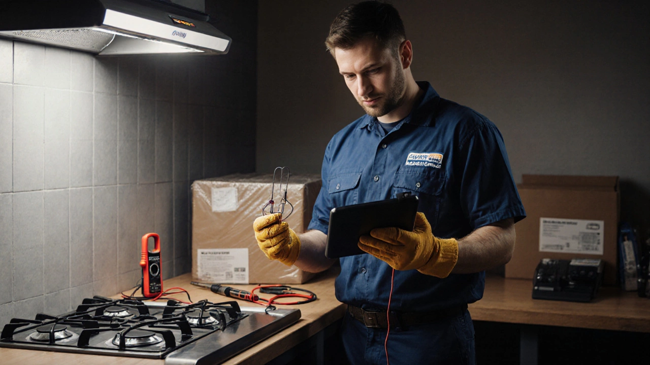 Electrician holding a new heating element beside an opened hob in a workshop.