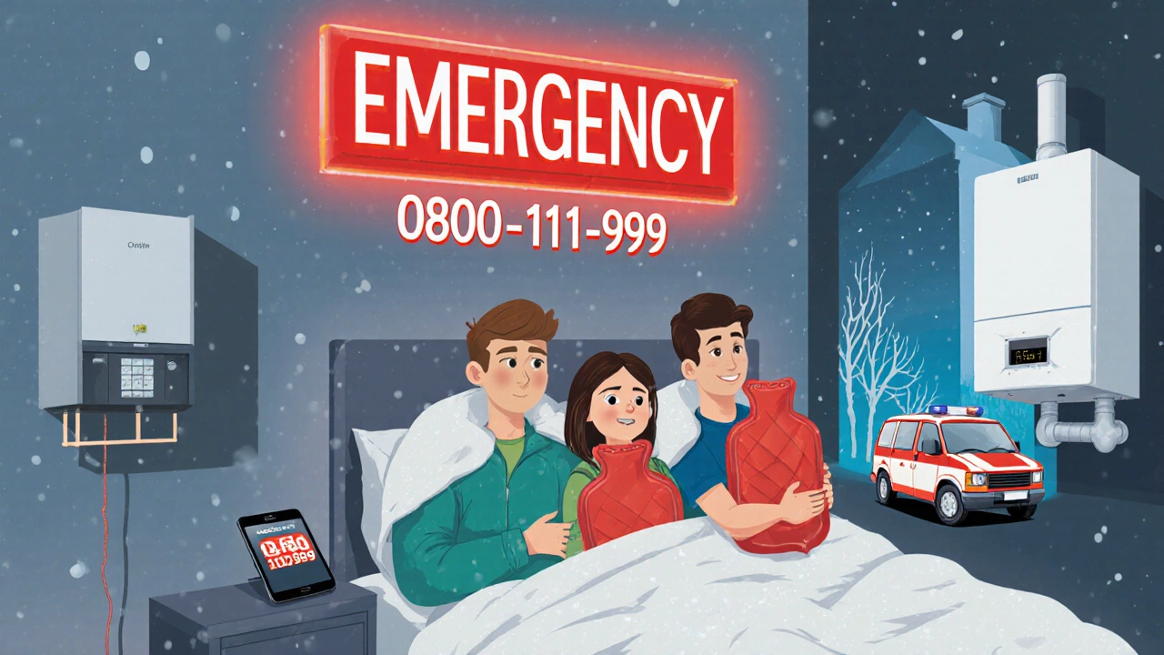 Family warming themselves with hot water bottles as emergency sign glows above broken boiler.