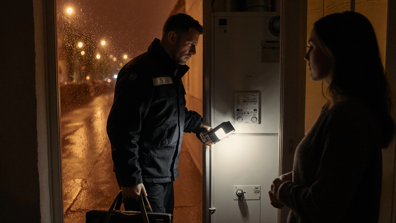 Gas Safe engineer inspects boiler with work lamp while rain falls outside.