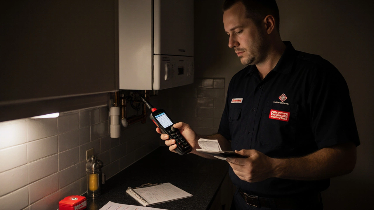 Gas Safe engineer showing ID badge while diagnosing a boiler with diagnostic tool.