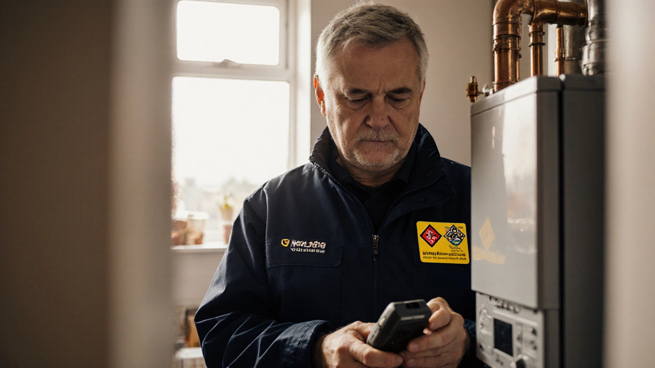 Gas Safe Engineer shows yellow ID card next to a residential boiler.