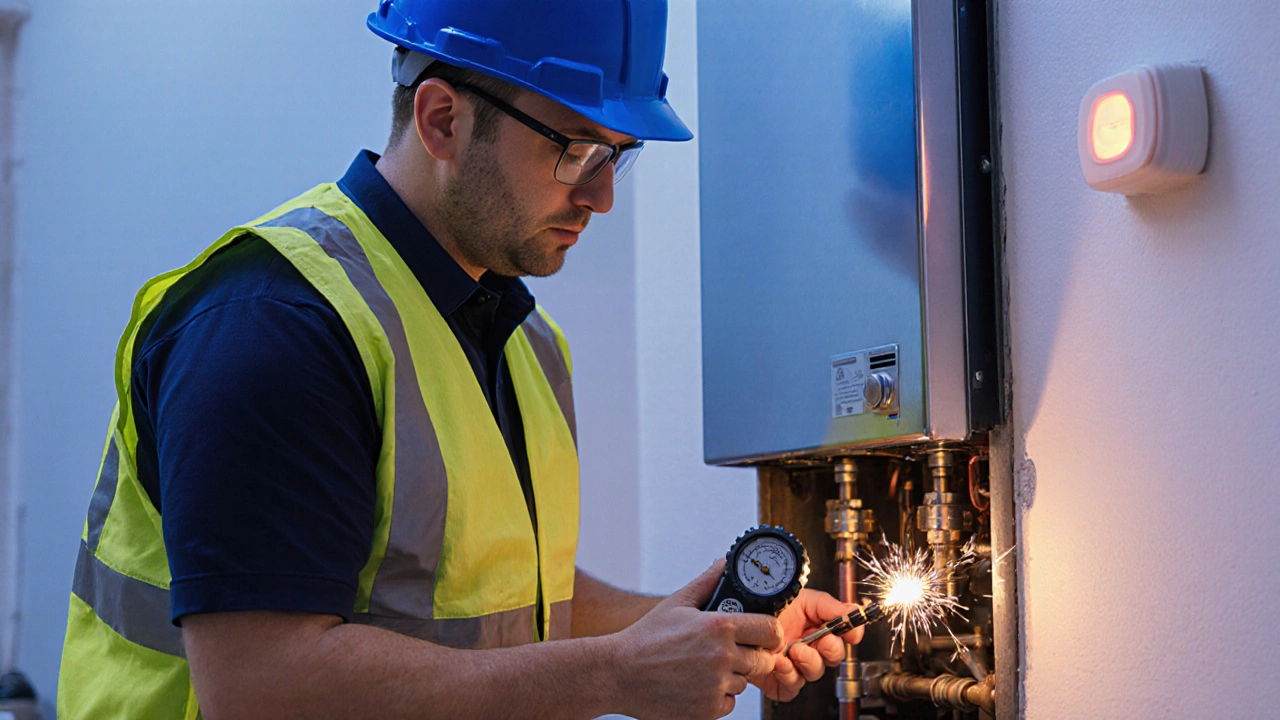 Gas Safe engineer testing a boiler's pressure and igniter with safety gear.