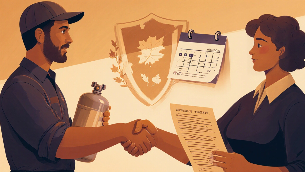 Homeowner and technician shaking hands beside a warranty shield and calendar.