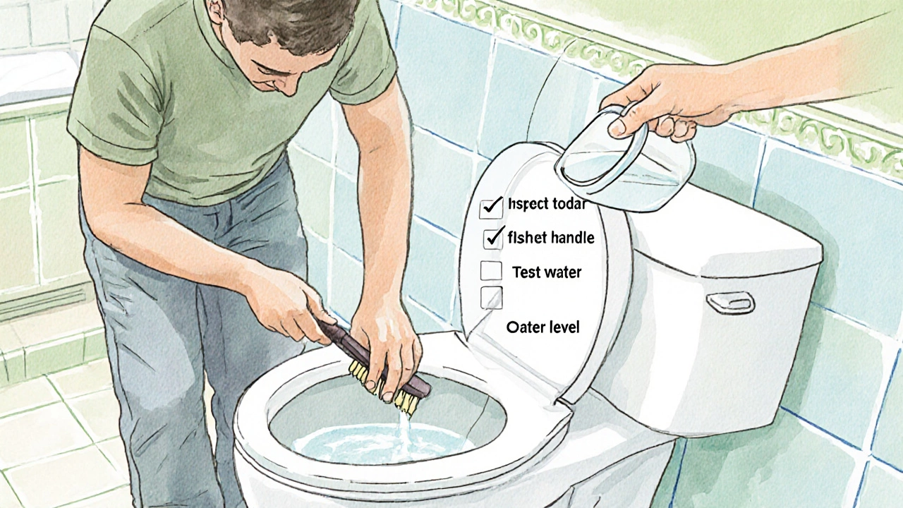 Homeowner cleaning a toilet with brush and baking soda, showing maintenance steps.
