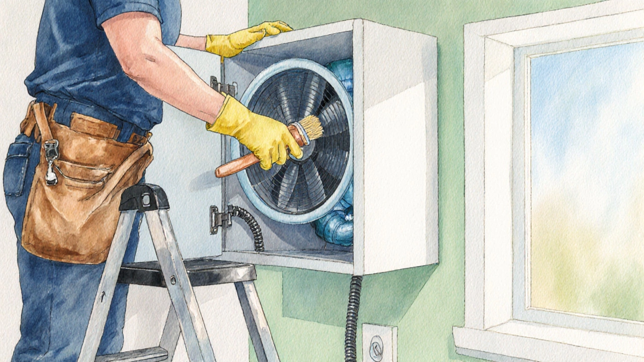 Homeowner cleaning an extractor fan cover on a ladder, grease brush in hand.