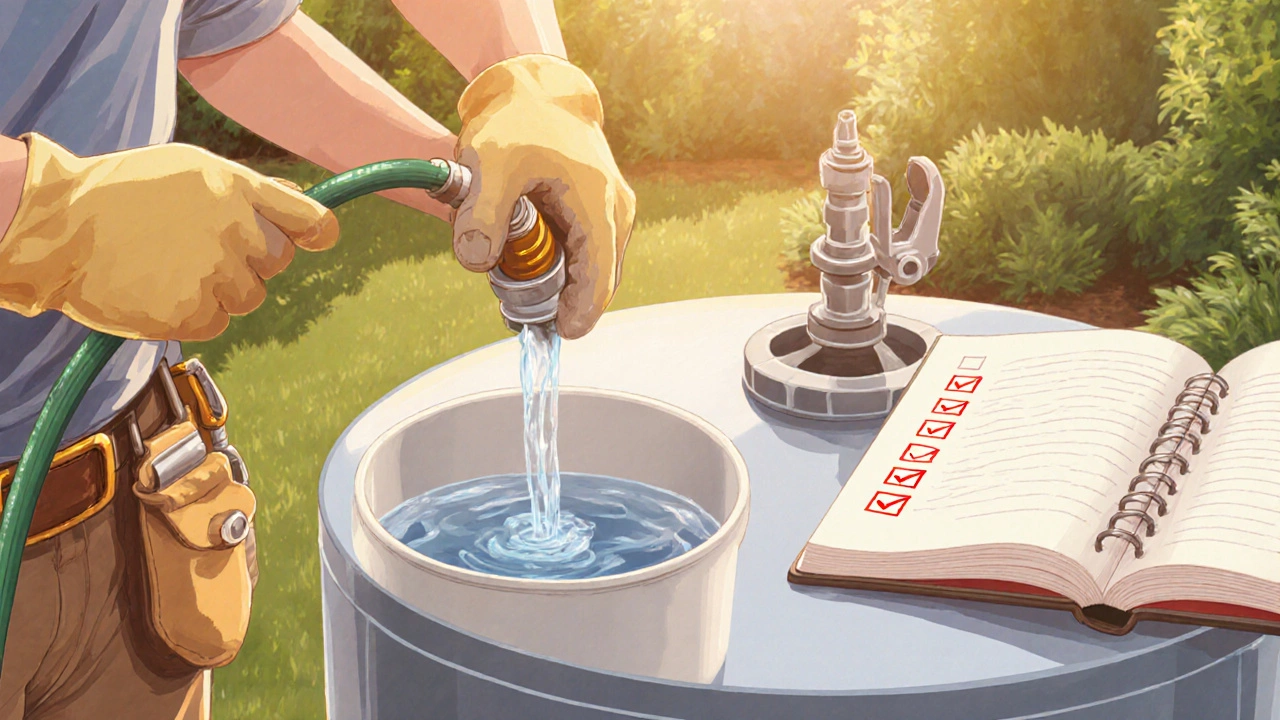 Homeowner flushing hot‑water tank with garden hose during maintenance.