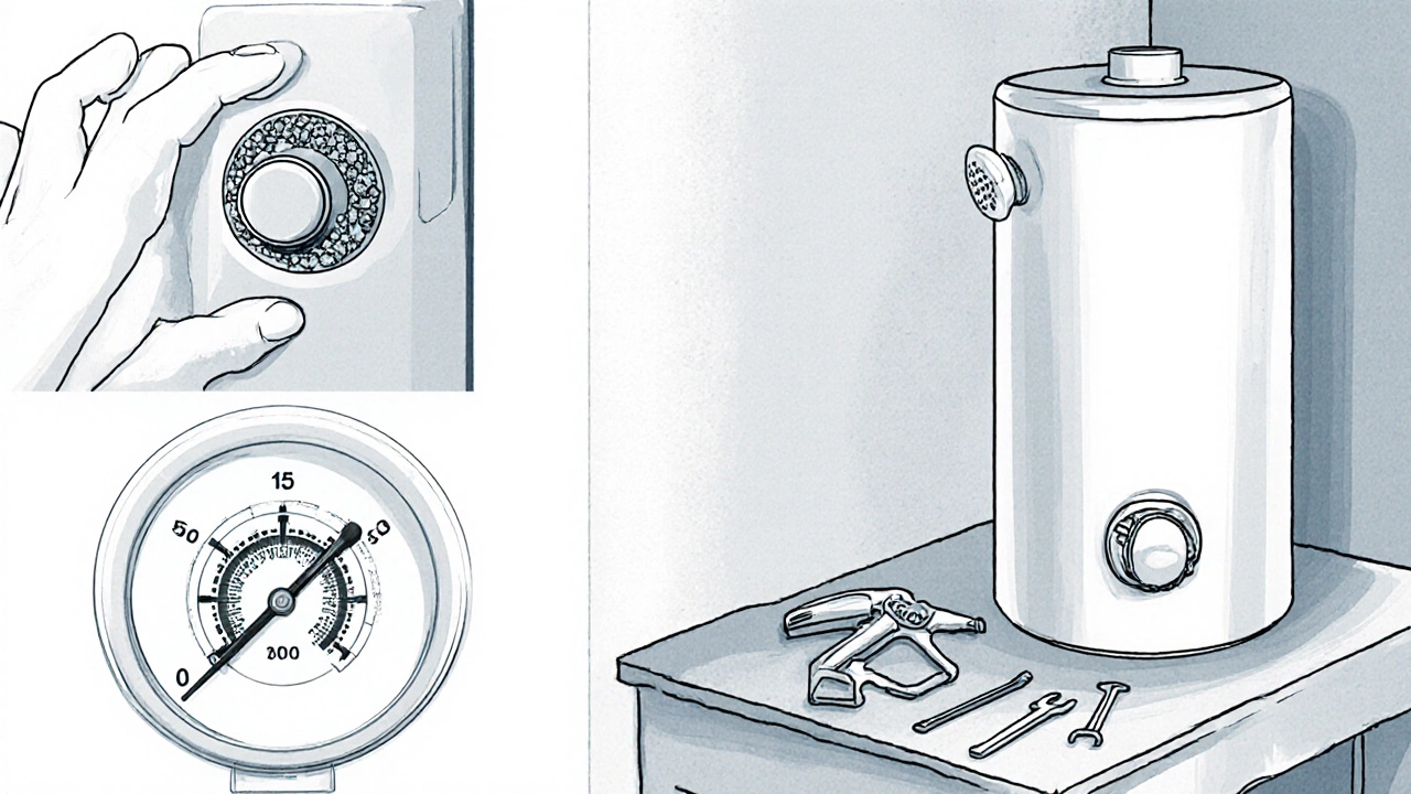 Illustration of diverter knob, clogged showerhead, pressure gauge, and plumber tools.