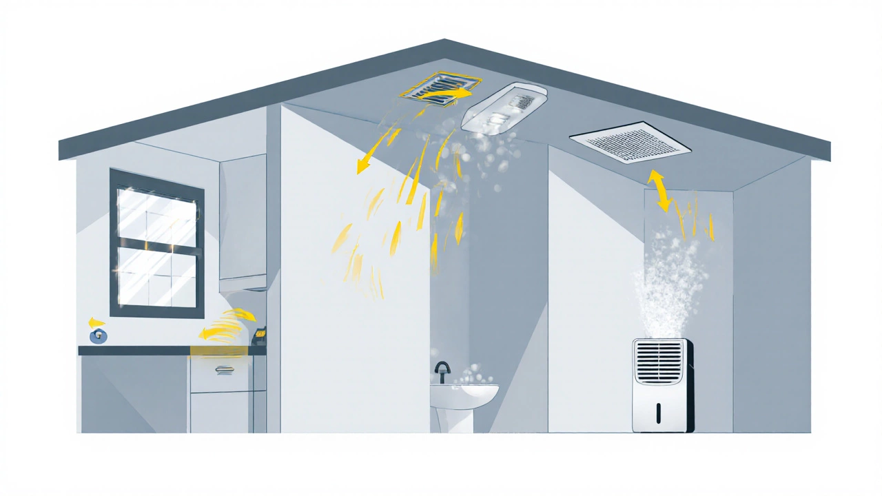Illustration of trickle vents, high vent grille, and dehumidifier with arrows showing airflow.
