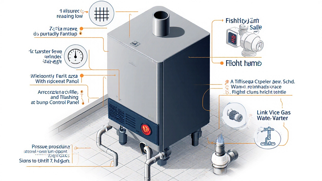 Isometric diagram showing boiler components: gauge, thermostat, error code, pump, valve, leak.