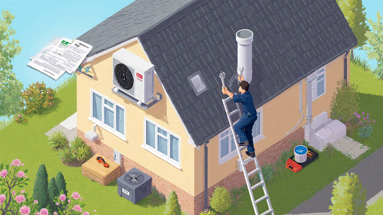 Isometric UK house with rooftop unit, technician on ladder, and three quote sheets.