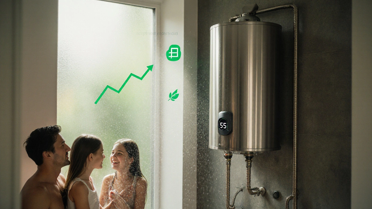 Modern insulated water heater with thermostat set to 55 °C, family using hot water, showing energy savings.
