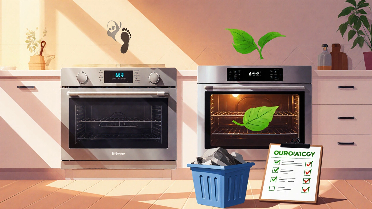 Old oven beside a new energy‑efficient model with icons for carbon and recycling.