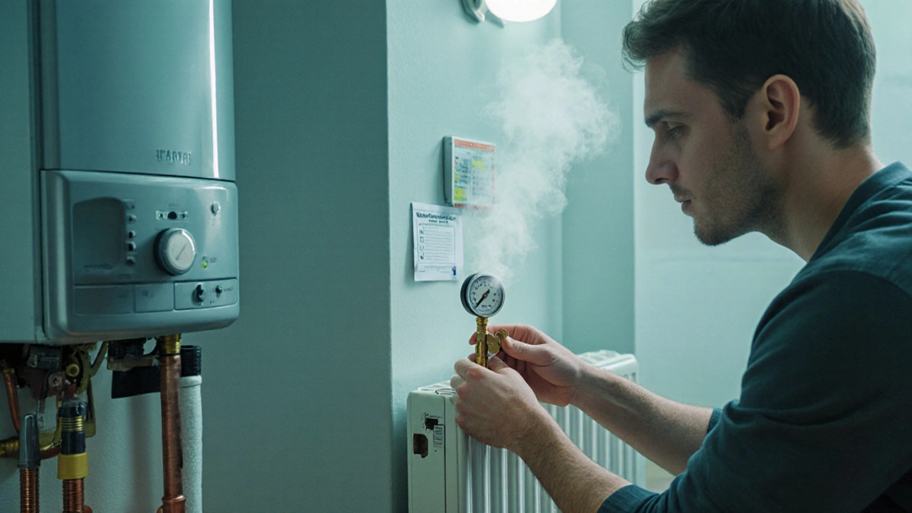 Person bleeds a radiator while checking the boiler pressure gauge.