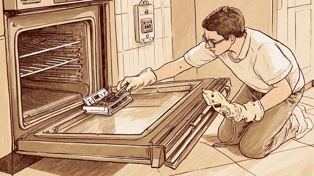Person in safety gear disconnects a connector on a control board using a screwdriver and multimeter.