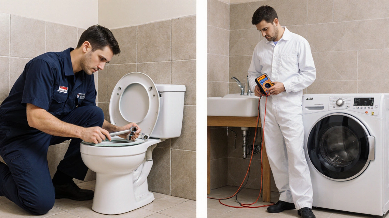Plumber inspecting a toilet beside an appliance technician near a washing machine.