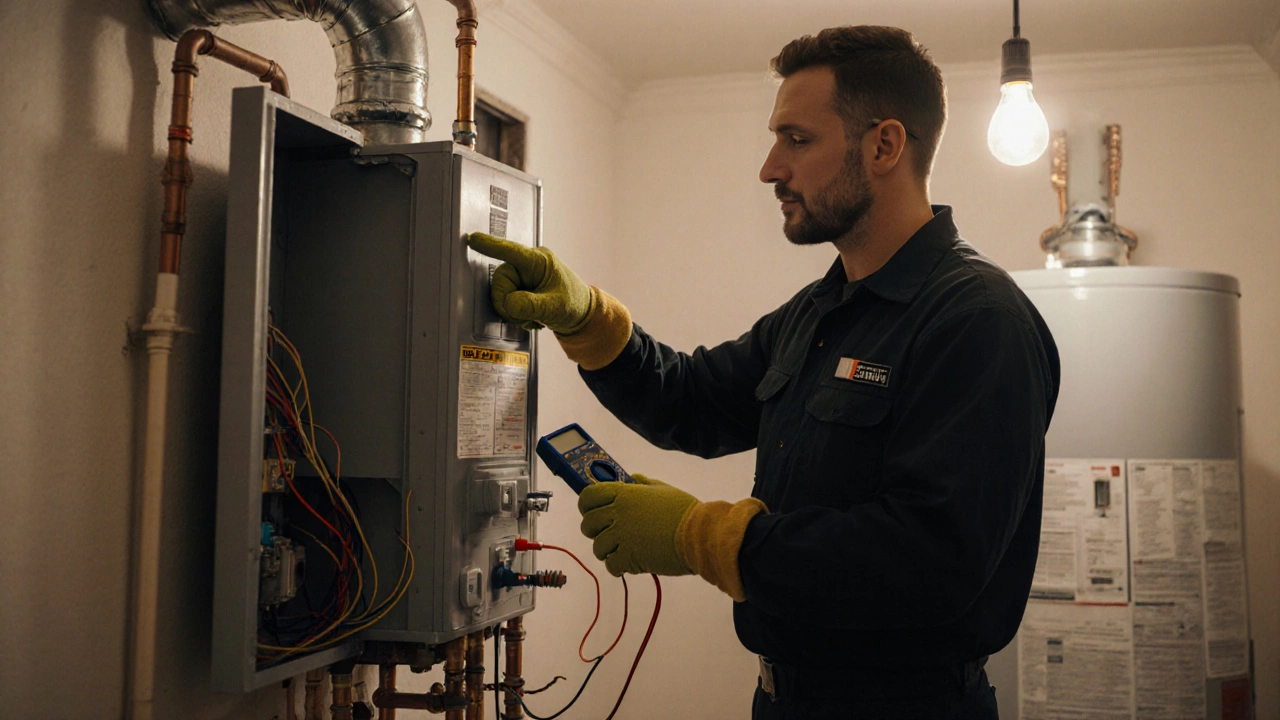 Plumber inspecting water heater with multimeter, safety gear on, after reset attempts fail.