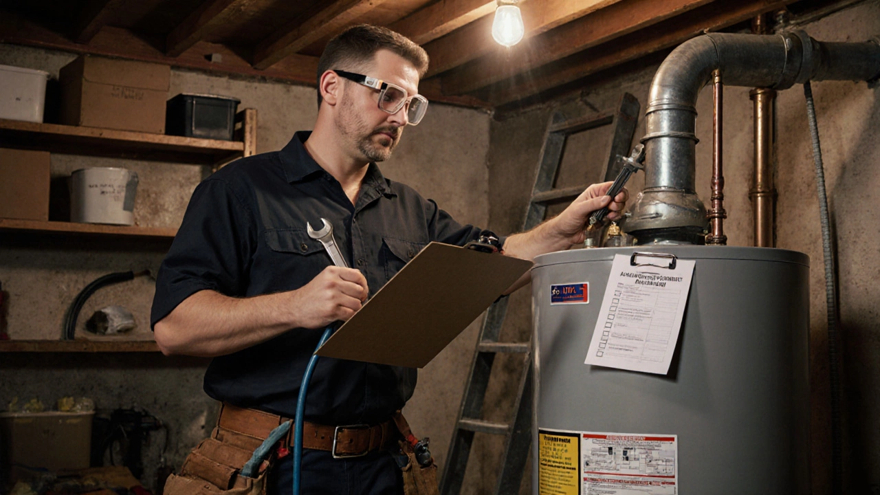 Professional plumber in safety gear working on water heater, flushing tank and inspecting anode rod.