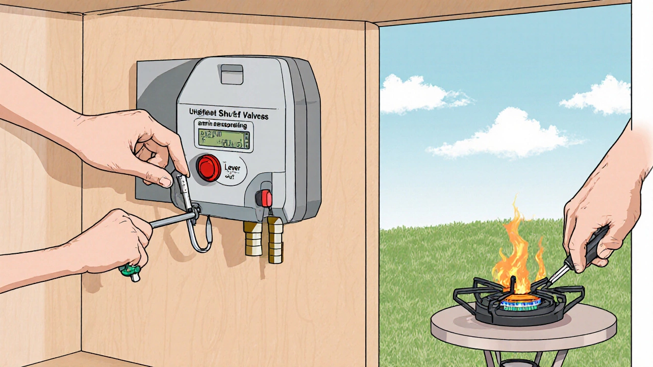 Safety shut‑off valve with red reset button and outdoor gas stove being lit.