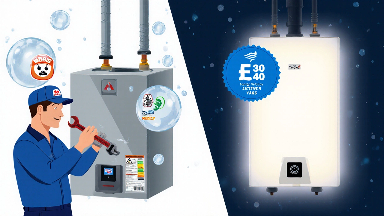 Side‑by‑side comparison of a plumber fixing an old heater and a new efficient tankless unit.