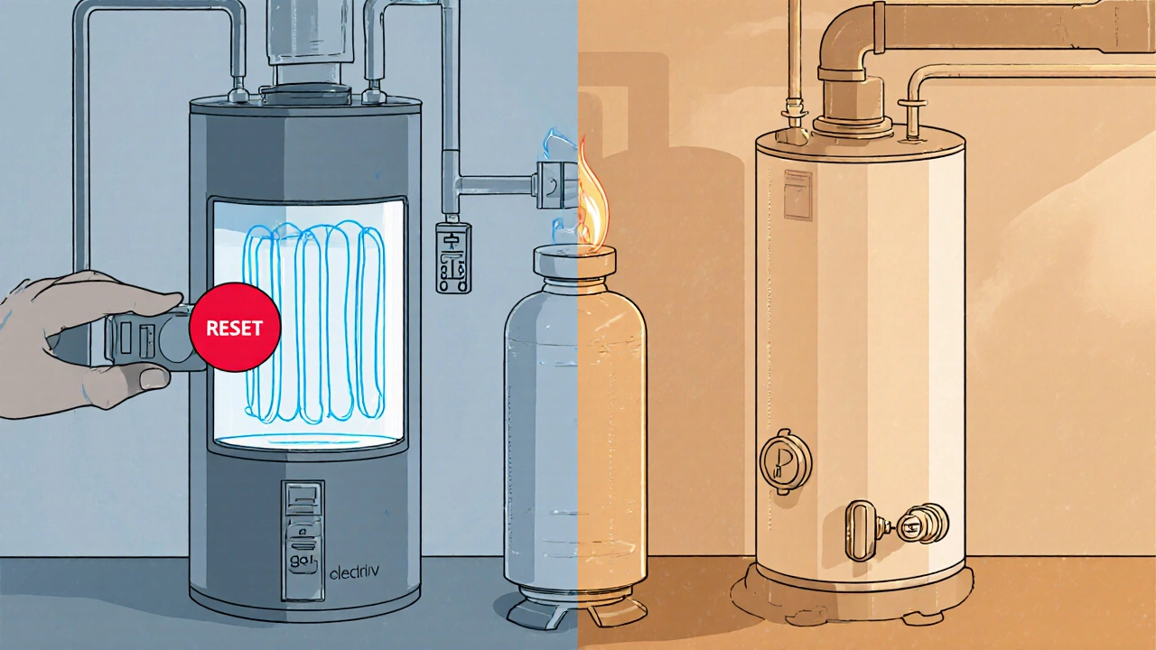 Side‑by‑side illustration of electric and gas water heaters during reset.