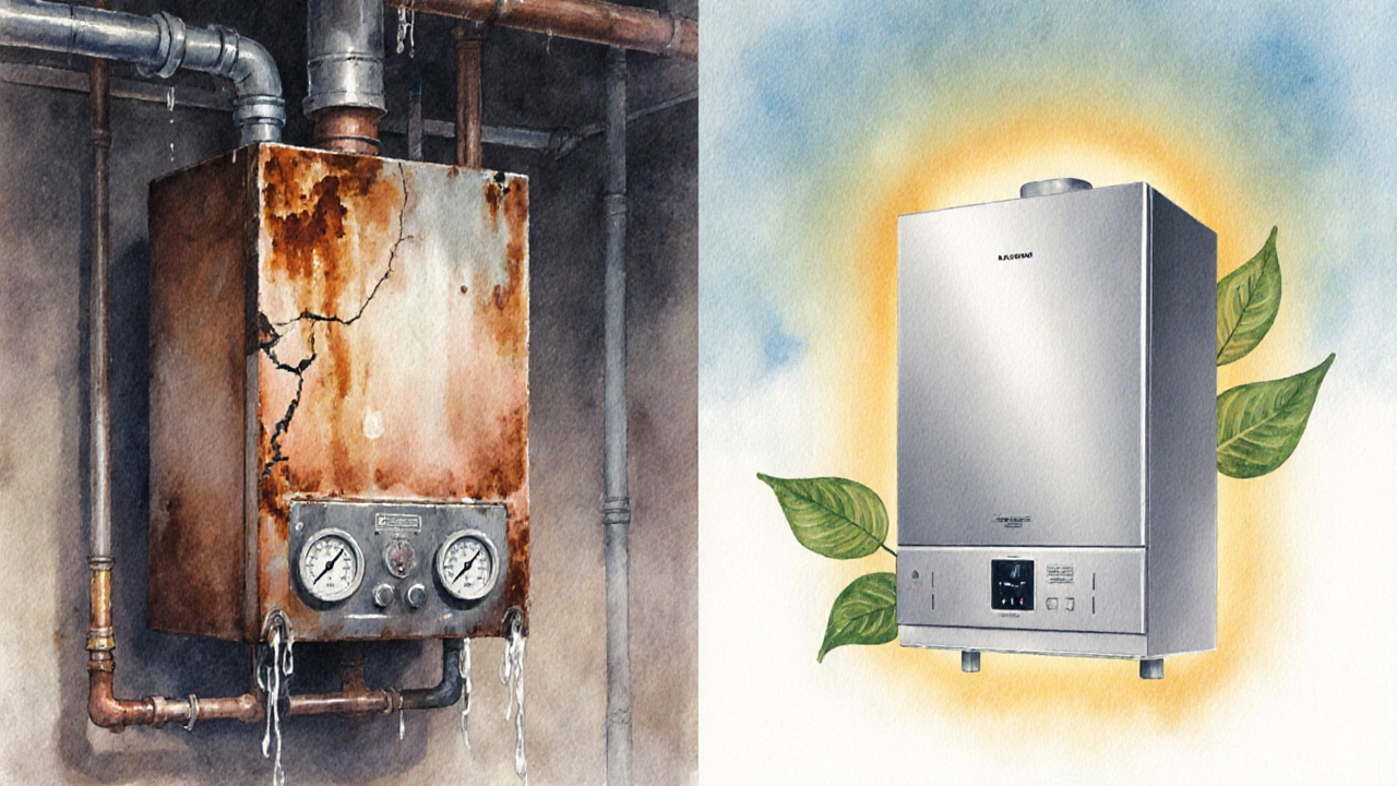 Side‑by‑side watercolor of an old leaking boiler and a new efficient boiler with leaf motifs.
