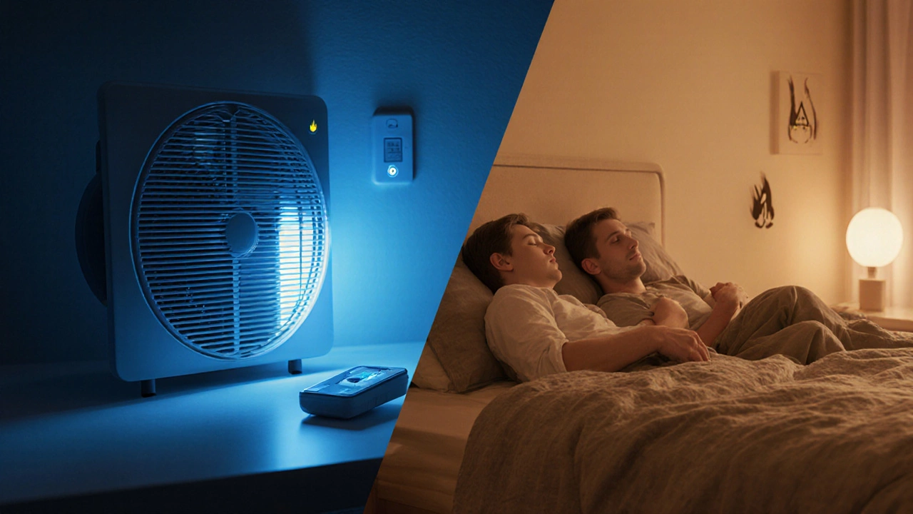 Split scene contrasting continuous fan operation with a timer-controlled fan, showing energy meter and a quiet bedroom.