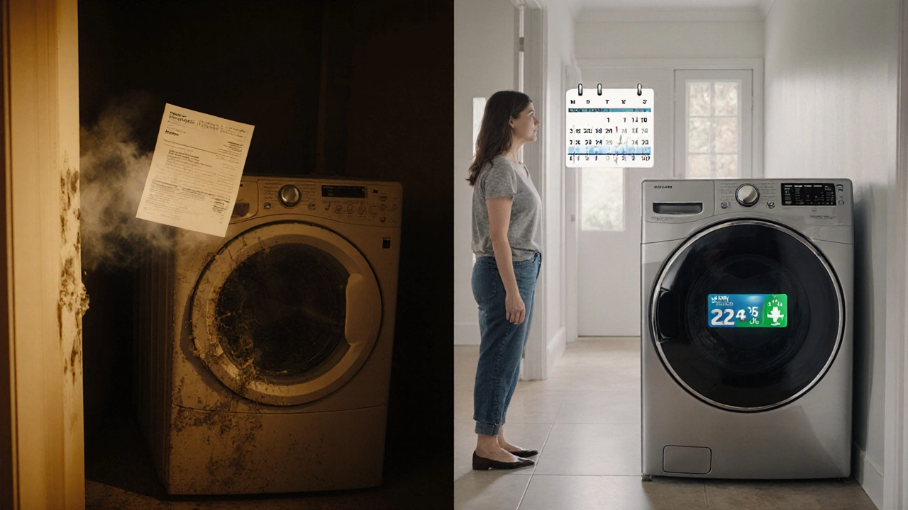 Split scene of a repaired vented dryer beside a well‑maintained heat‑pump dryer in a home.