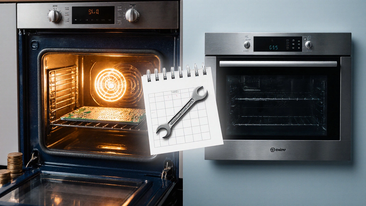 Split view of a repaired oven versus a brand‑new oven with calendar and wrench symbols.