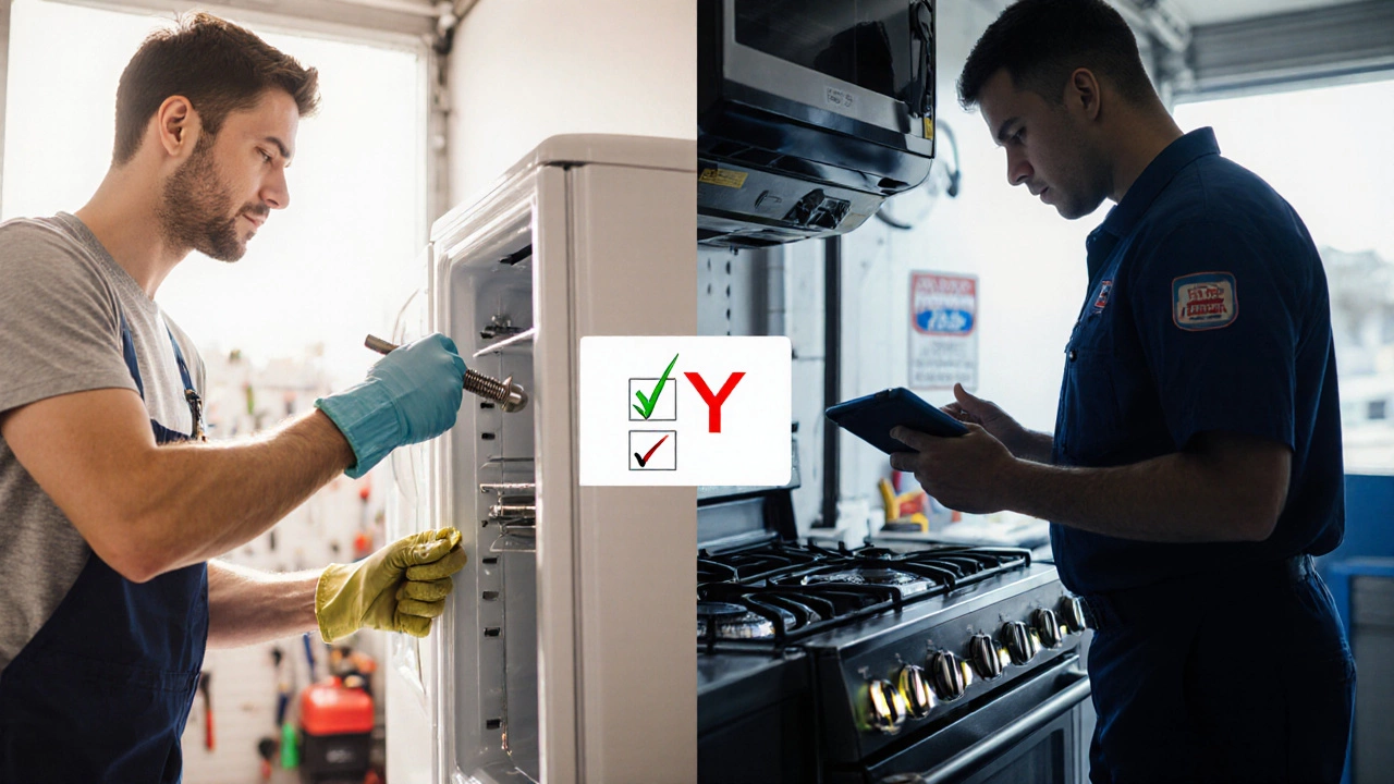 Split view of DIY cleaning versus a technician servicing appliances.
