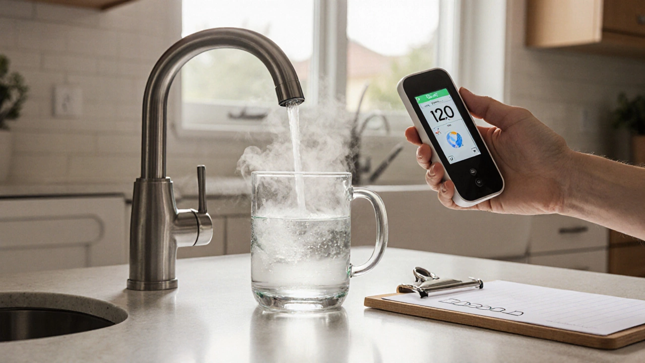 Steam rising from a faucet as a homeowner checks hot water temperature.