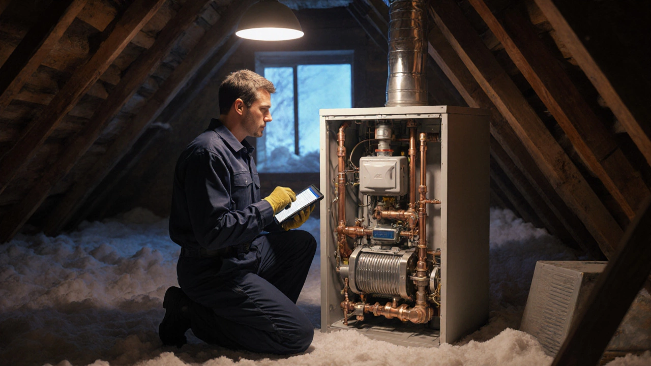 Technician examining an open boiler, showing pipes, heat exchanger, and tools in a loft.