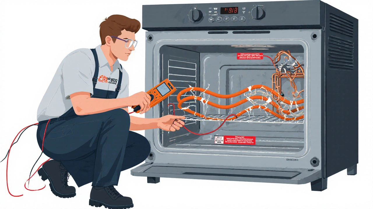 Technician inspecting a broken heating element, door seal, and wiring inside an oven.
