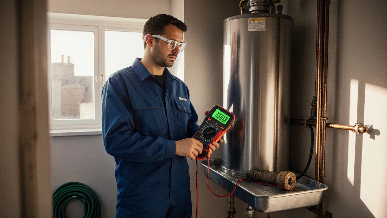 Technician inspecting a water heater with a multimeter, wearing safety gear.