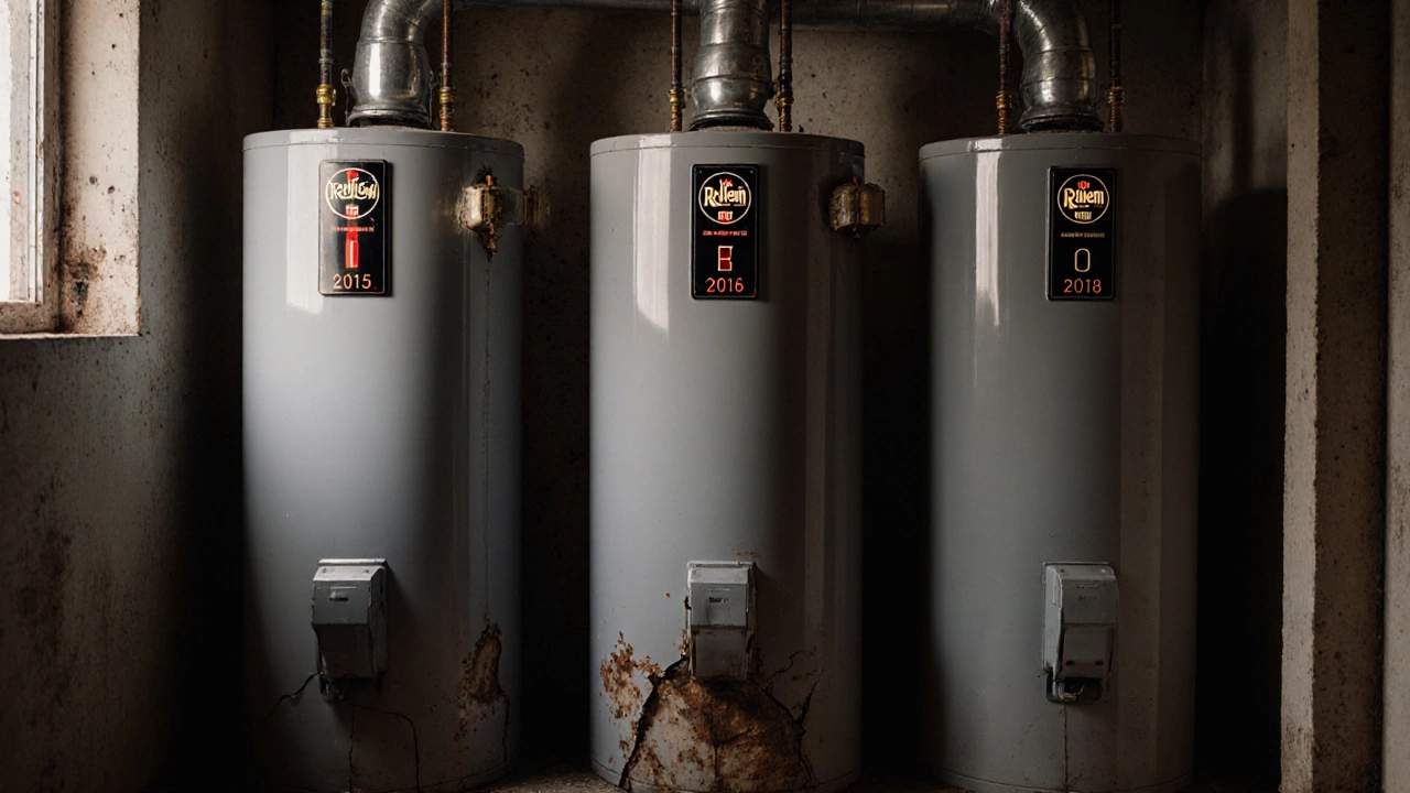 Three water heater brands standing side by side symbolizing longevity with year markers