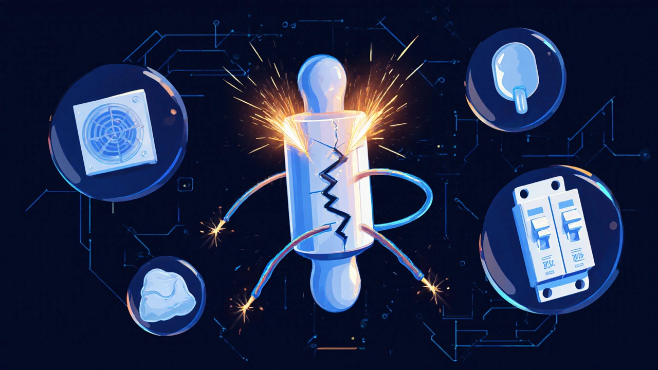 A broken thermal fuse with icons of grease, blocked vents, and a tripped breaker.
