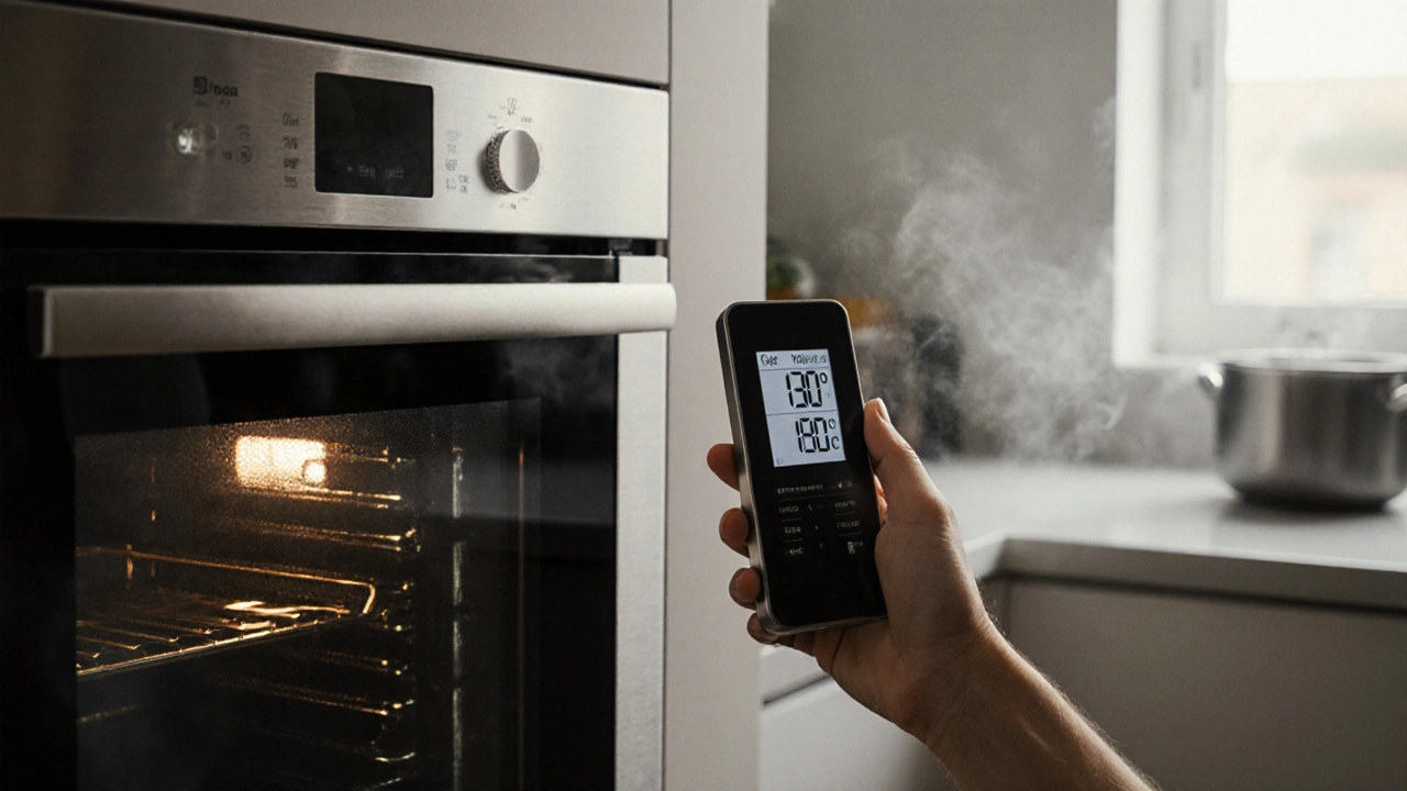 A person checking oven temperature with a thermometer beside a non-heating oven.