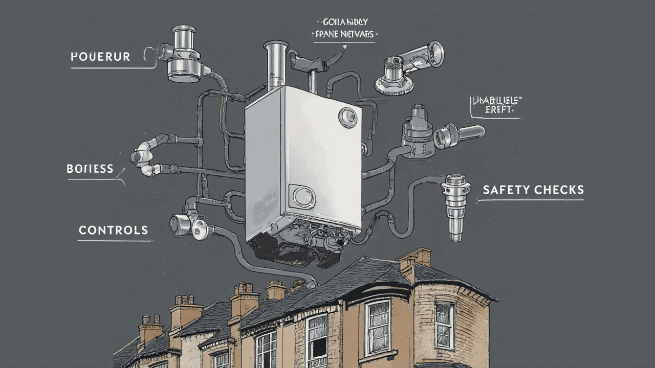 Boiler as a car engine connected to pipes, flues, and controls, symbolizing full system upgrade.