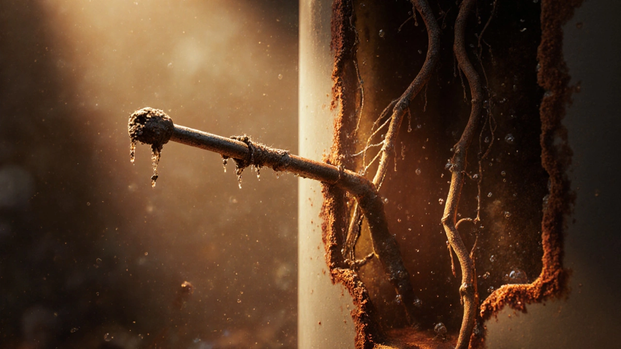 Corroded anode rod beside a rusting water heater tank interior.